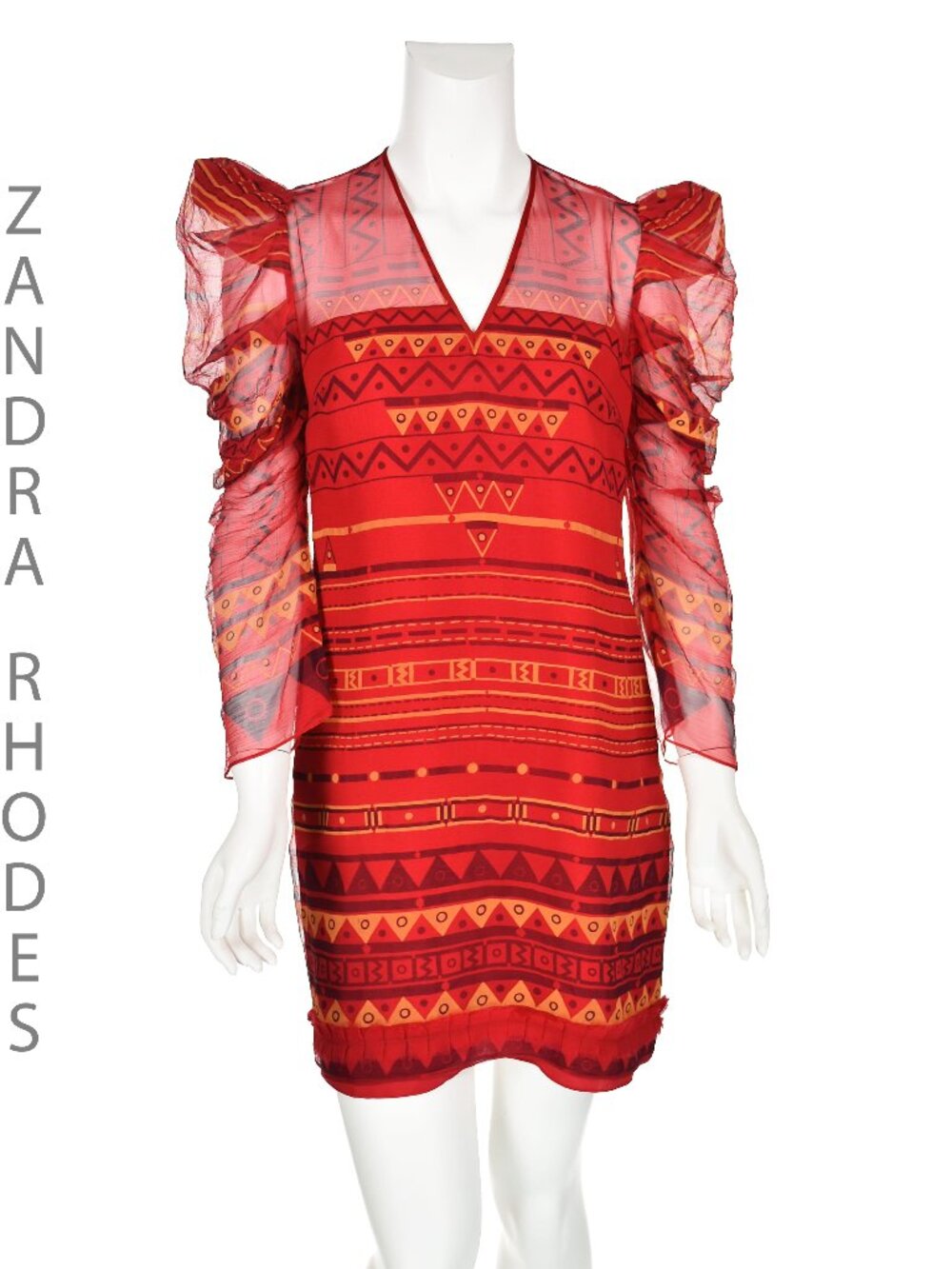 Zandra Rhodes Vintage Red Printed Silk Georgette Mini Dress, c. Early 1980s US4